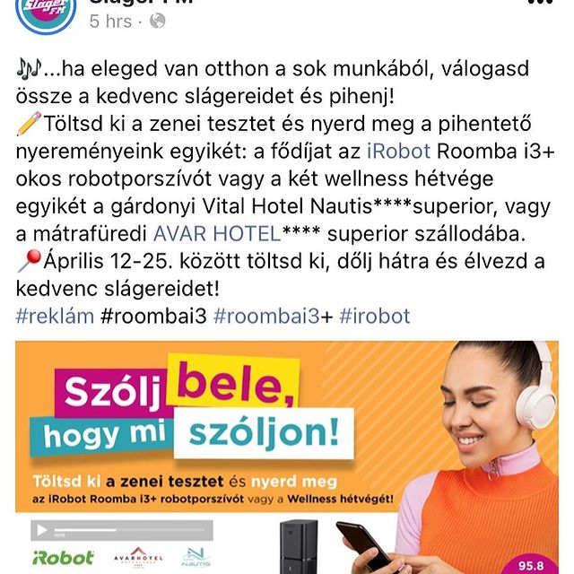 Szeretnél részt venni egy újabb nyereményjátékban? Látogass el a Sláger FM Facebook oldalára és vegyél részt a játékban, hogy a tied legyen az ajándék iRobot robotporszívó!🎁🎉 #irobot #hungary #roomba #vacuumcleaner #nyeremenyjatek #jatek
#roombai3+